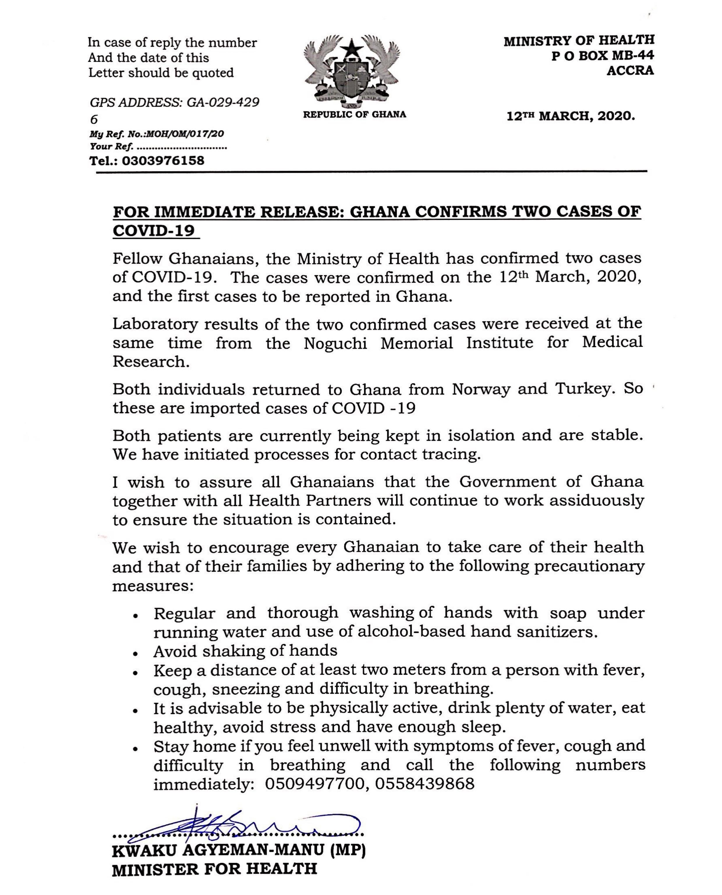 Ghana Confirms First two Cases of Coronavirus