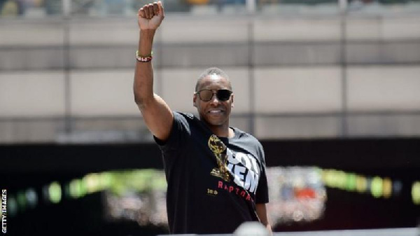 President of the Toronto Raptors basketball team Masai Ujiri celebrates his sides win in the 2019 NB