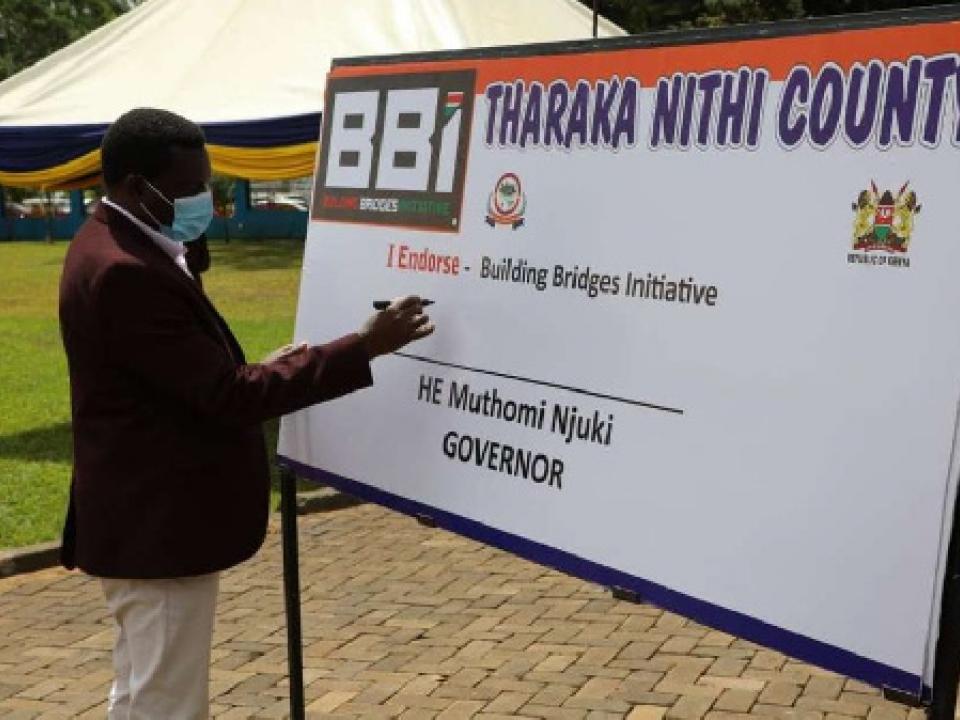 Tharaka Nithi Governor Muthomi Njuki signs a dummy BBI endorsement form, PHOTO | FILE | NMG