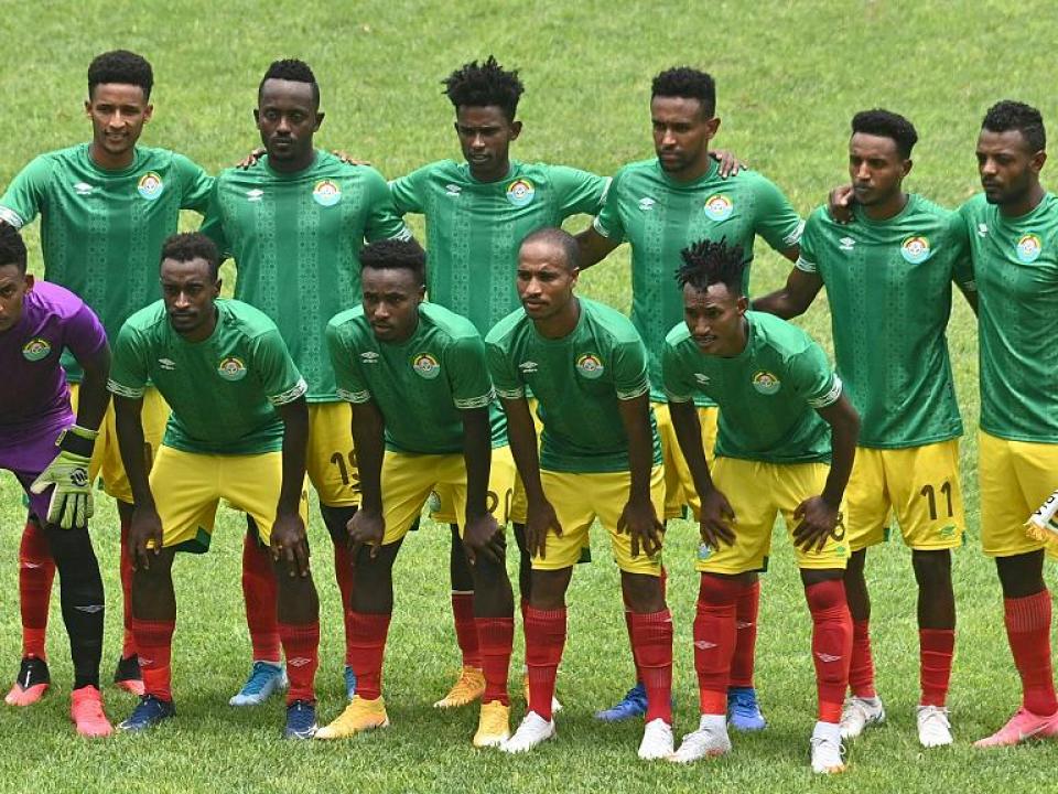 The Ethiopian football team pose for a photograph during the 2021 African Cup of Nations (AFCON) qualifying football match against Ivory Coast