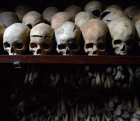 (FILES) This file photo taken on April 4, 2014 shows human skulls exhibited at the Genocide memorial in Nyamata, inside Catholic church where thousands were slaughtered  