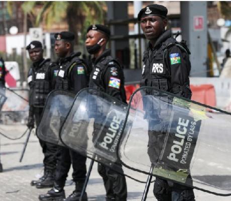 Security forces stand guard during a protest against the reopening of the Lekki toll gate[Reuters]