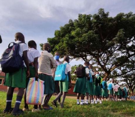 Ombaka Primary School pupils line up for temperature screening in Nyando, Kisumu(ONDARI OGEGA | NMG)