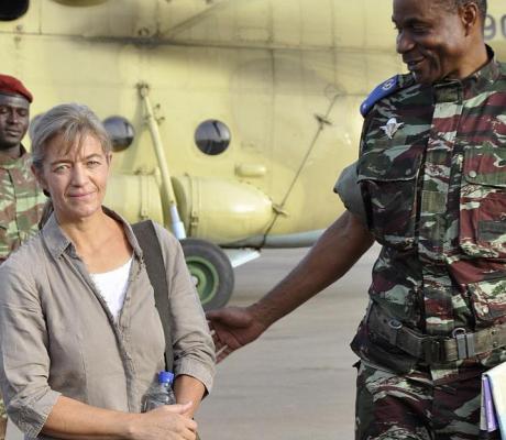 In this April 24, 2012, file photo, released Swiss hostage Beatrice Stoeckli, left, stands in Ouagadougou, Burkina Faso