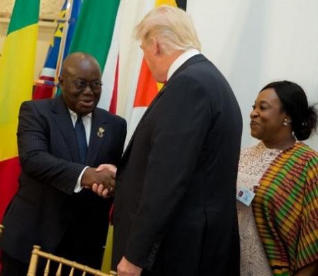 President Akufo-Addo and President Trump shaking hands during a 2017 meeting at the White House