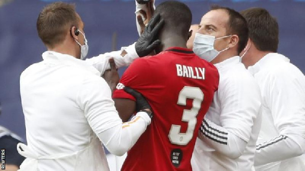 Eric Bailly had treatment on a cut to his head before he was taken off on a stretcher