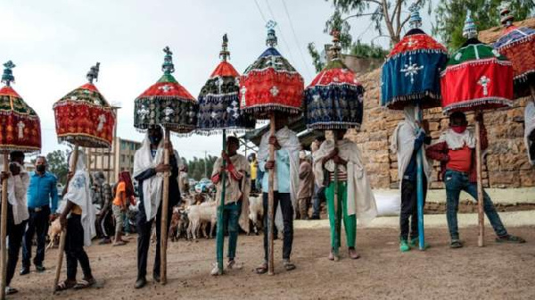 Ethiopian Orthodox devotees held a procession on the eve of the Ethiopian New Year