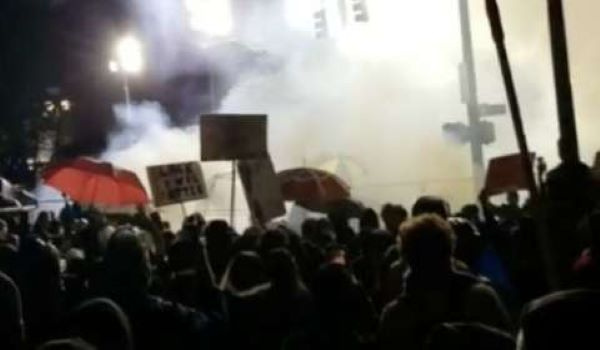 Protesters visible among the tear gas at a Black Lives Matter protest in Portland