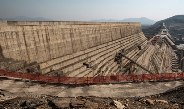 Water flows through Ethiopia's Grand Renaissance Dam as it undergoes construction work on the river