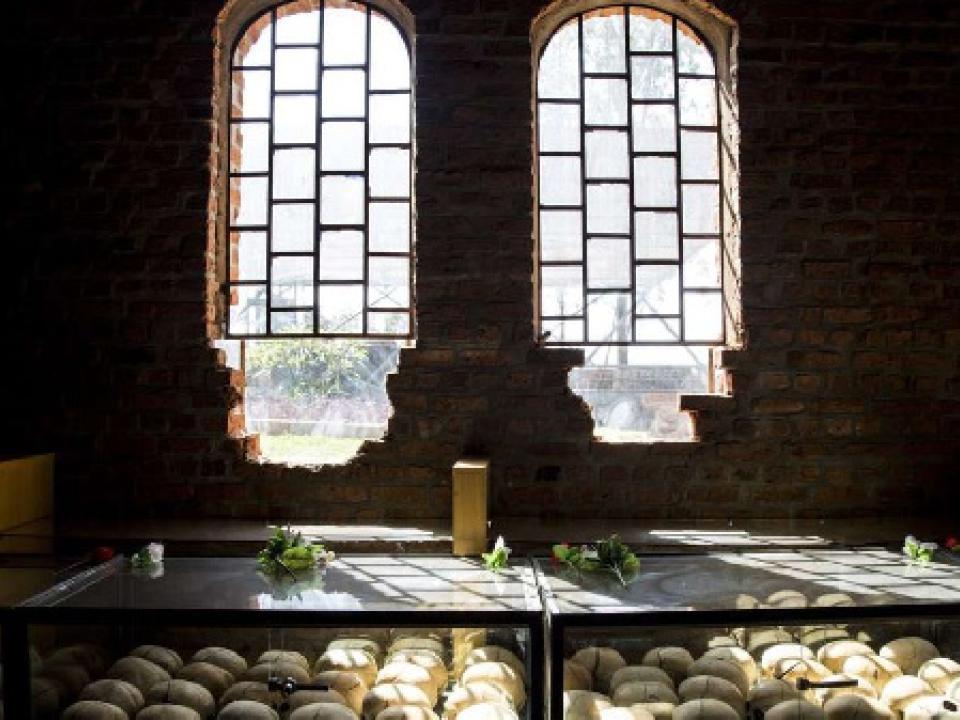 A picture taken on March 22, 2019 shows skulls of victims of the 1994 genocide against the Tutsi