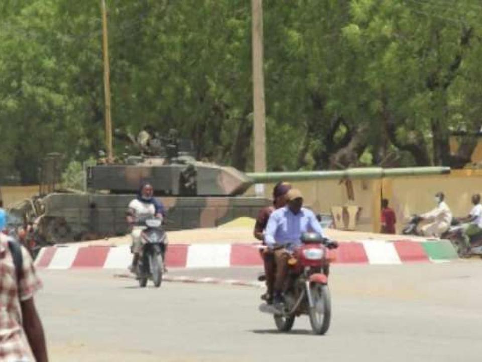 A tank positioned at a roundabout in Chad's capital N'Djamena on Monday