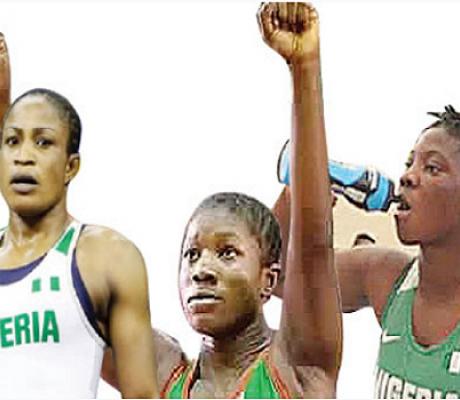 Nigeria's female wrestlers: Aminat Adeniyi, Bisola Makanjuola, and Blessing Oburodudu