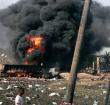 One of the oil tankers in flames after the explosion